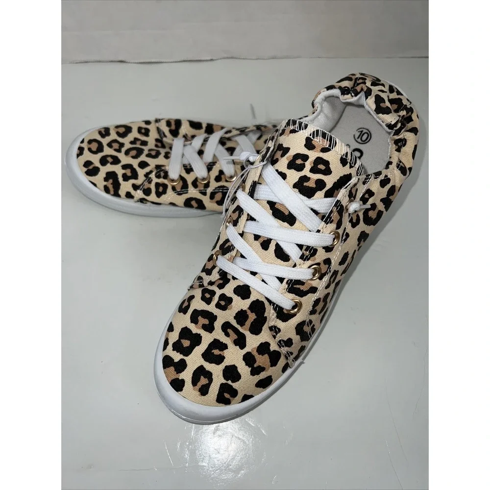 Leopard Women‎ Lace Up Canvas Shoes Low Top Slip On Sneakers Walking Flats Shoes